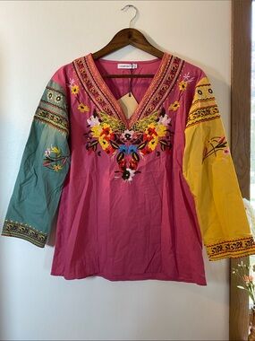 Embroidered Pink Tunic with Teal and Yellow Sleeves